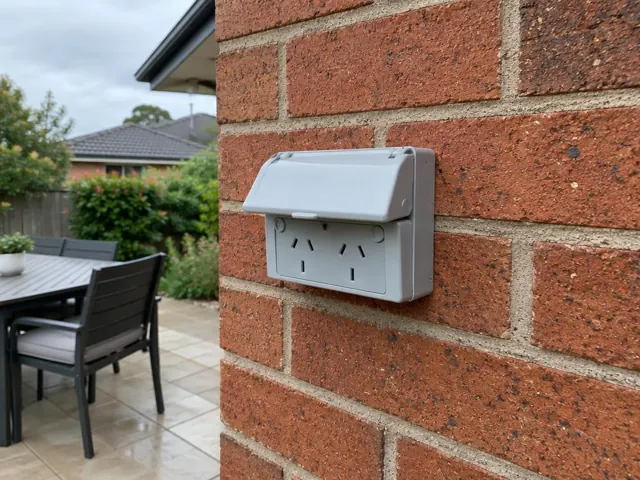Weatherproof outdoor power point on a brick exterior wall beside a backyard patio in Beacon Hill