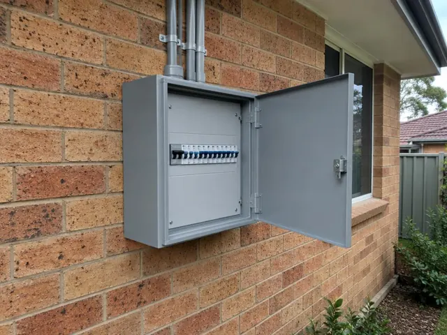 Open grey switchboard cabinet on a brick exterior wall beside a window in Brookvale